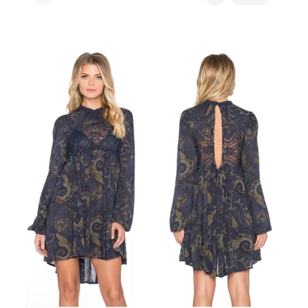 Free People Counting Daisies Paisley Crochet Lace Mini Dress Navy Blue XS